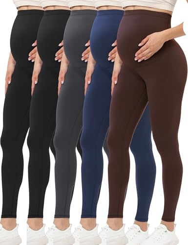 Buttergene 5 Pack Maternity Leggings with Elastic Band - color: 5pack Black*2/Darkgrey/Navy/Brown, size: Medium