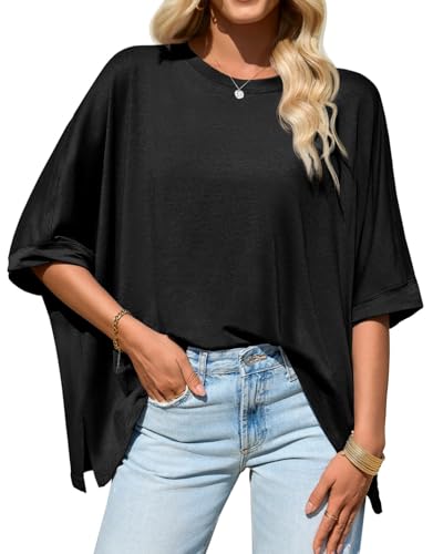 Tankaneo Womens Oversized Tshirts Batwing Short Sleeve Asymmetric Hem Tops - color: Black, size: Medium
