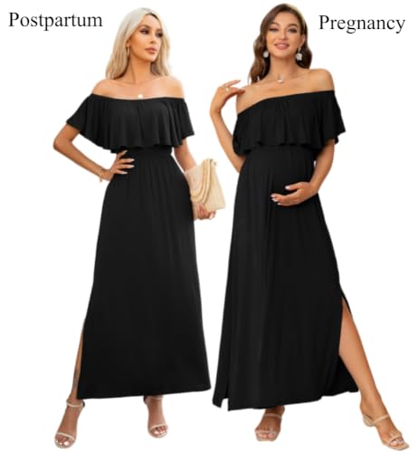 Off Shoulder Ruffle Sleeve Maternity Maxi Dress Side Slit - color: Black, size: Large