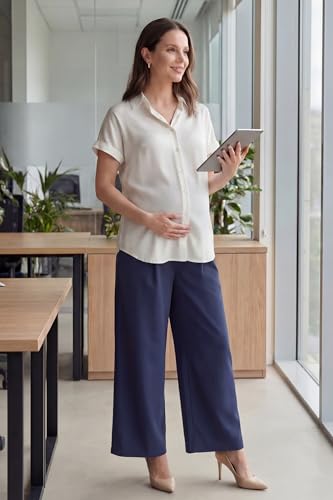 OUGES Women's Wide Leg Summer Business Casual Maternity Pants with Pockets - color: Navy, size: Large
