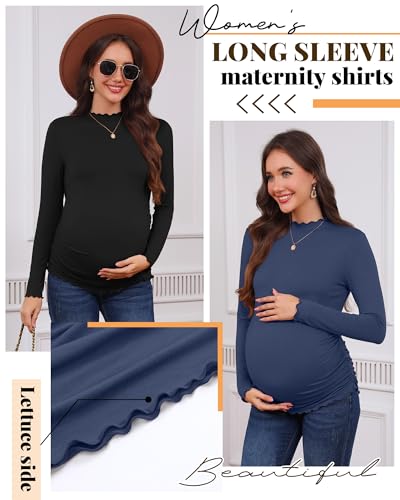 4 Pack Women Maternity Side Ruched Long Sleeve Shirts - color: Wine Red, Navy Blue, White, Black, size: Medium