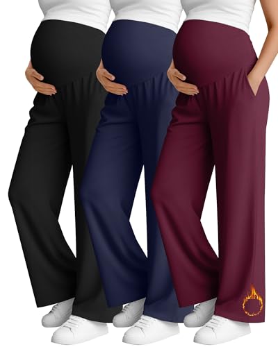 Oakgarden 3 Pack Women's Fleece Maternity Pants - color: Fuchsia, Navy Blue, Black, size: XX-Large
