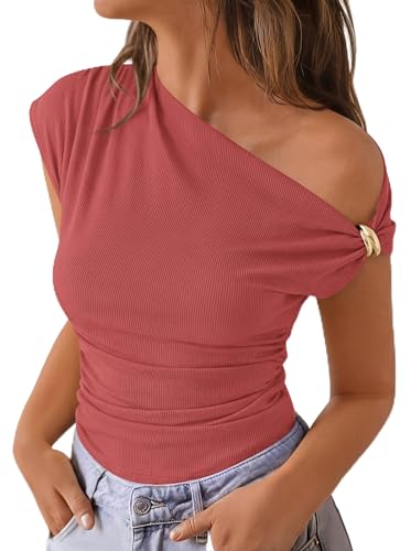 PRETTYGARDEN Womens Summer Off The Shoulder Crop Tops - color: Bean Paste Red, size: Large