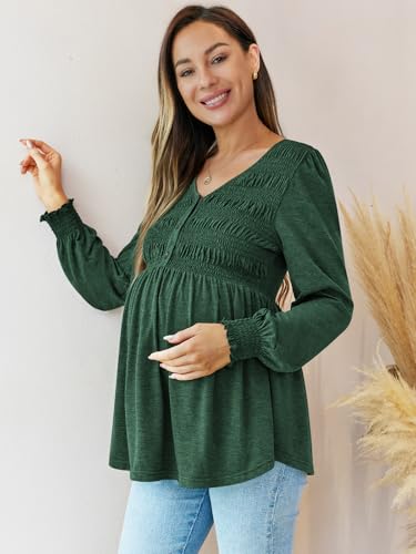 FMEYOA Maternity Tops V Neck Puff Sleeve Smocked Button Maternity Shirts - color: Dark Green, size: Large