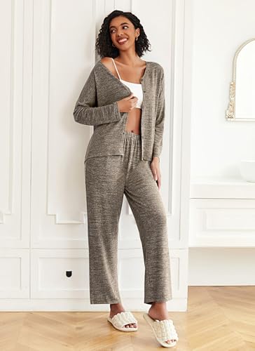 Ekouaer Womens Pajama Sets Button Up Long Sleeve Lounge Set Soft V Neck Pj - color: Brown, size: Medium
