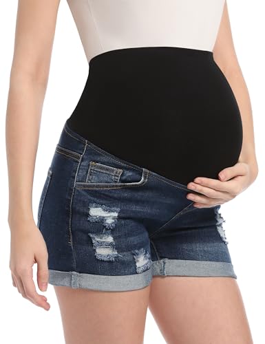 Maternity Denim Shorts High Waist - color: Dark Blue, size: XX-Large