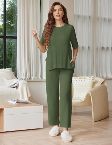 Ekouaer Lounge Sets for Women Soft Comfy Pajama Set 2 Piece Outfits - color: Army Green, size: Large