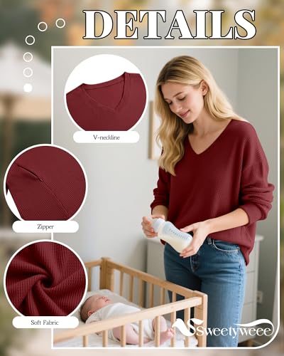 Women’s Waffle Knit Nursing Shirts Regular Fit - color: Wine Red, size: Large