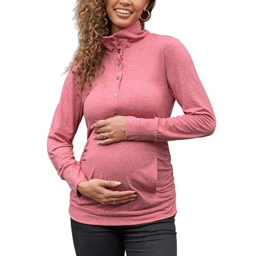 Bhome Maternity Shirt Casual Long Sleeve Half Button Front Lightweight Sweatshirts Slim Fit Pullover Tops with Pockets - color: Rose Red, size: Small