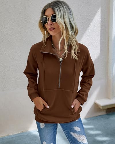 PRETTYGARDEN Women's Casual Long Sleeve Sweatshirt Half Zip Pullover Tops - color: Brown, size: X-Large