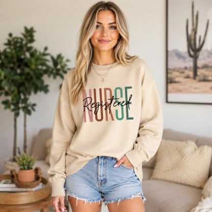 Registered Nurse Sweatshirt Women RN Nurse Life Crewneck Pullover - color: Beige, size: X-Large