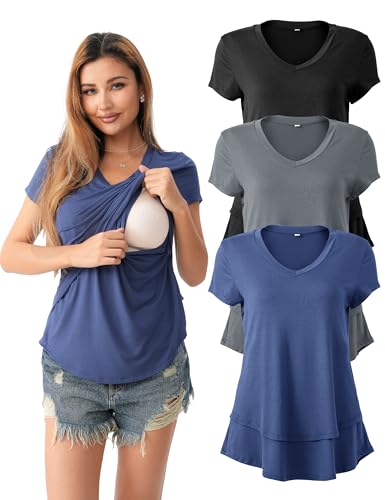 SUNNYBUY 3 Pack Maternity Nursing Tops for Postpartum Breastfeeding Shirts - color: Black+charcoal+navy, size: Large
