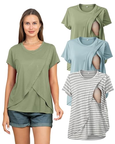 Rnxrbb 3 Pack Nursing Tops for Women Maternity Breastfeeding Shirts - color: Gray Stripe&light Blue&l Green, size: Medium