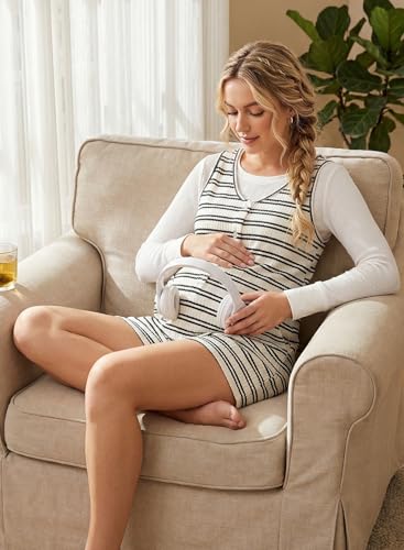BLENCOT Maternity and Postpartum Romper for Women Button Down Striped Sleeveless V Neck Loose Jumpsuit with Pockets - color: White Stripe, size: Small