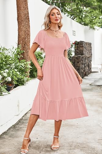 AUSELILY Women's Summer Smocked Short Sleeve Midi Dress 2026 - color: Light Pink, size: Medium
