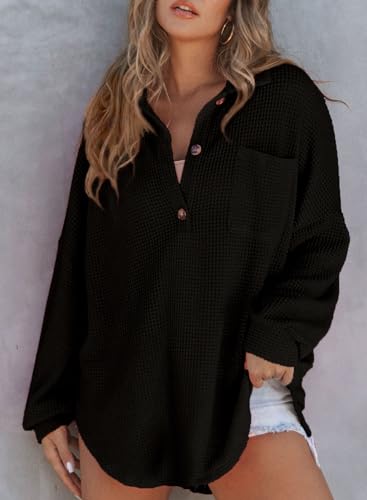 Astylish Women Waffle Knit Tops Henley Shirts - color: Black, size: Medium