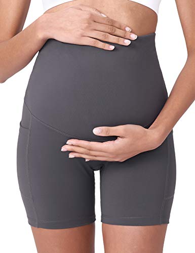POSHDIVAH Maternity Biker Shorts Over the Belly with Pockets 5"/8" - color: Black Grey, size: Small