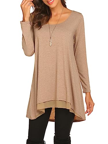 Poetsky Women's Long Sleeve Tunic Tops Layered Chiffon Hem Blouses Shirts - color: A-brown, size: Small