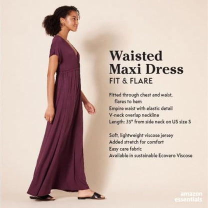 Amazon Essentials Women's V Neck Short Sleeve Empire Waist Maxi Dress (Available in Plus Size) - color: Black, size: Medium