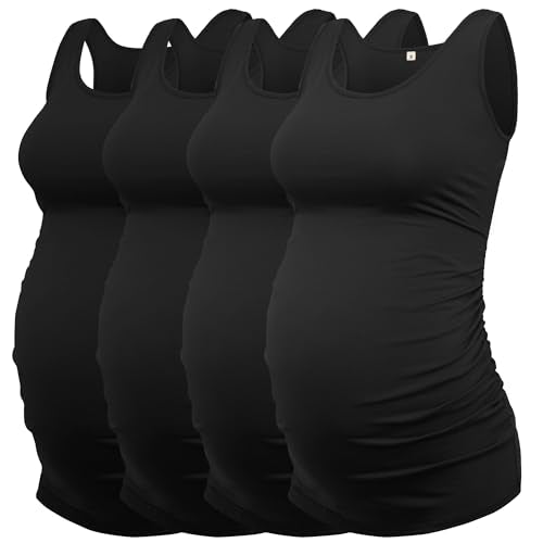 AMPOSH Womens Maternity Tank Tops 3 Pack Cotton Sleeveless Ruched Side Pregnancy Postpartum Shirts Soft Stretch Basic Top - color: Black/Black/Black/Black, size: Medium