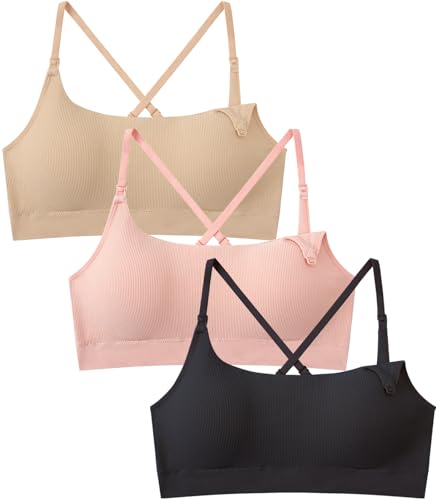 Women Nursing Bra for Breastfeeding Seamless Maternity Bra 3Pack - color: Black/Skin/Pink, size: Large