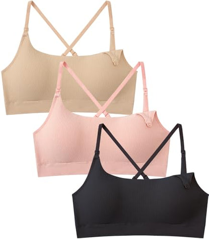Women Nursing Bra for Breastfeeding Seamless Maternity Bra 3Pack - color: Black/Skin/Pink, size: Large