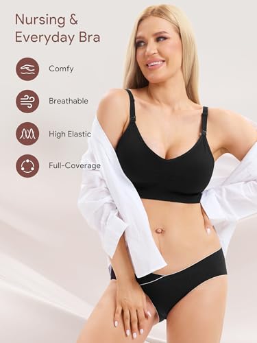 Angelhood Ribbed Nursing Bras 5 Pack Wireless V Neck Maternity Nursing Bra - color: Black/Black/Grey/Nude/White, size: Medium