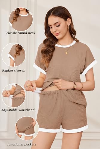Ekouaer Maternity Pajamas 2 Piece Outfits Waffle Knit Pregnancy Sleepwear - color: Light Khaki, size: Medium