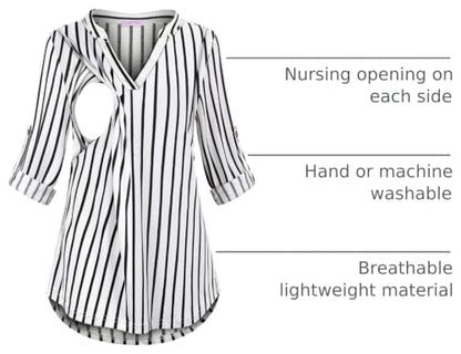 Joymom Maternity Rolled Long Sleeve Nursing Tops Tunic Blouses Breastfeeding - color: 2-1 Stripe, size: Small