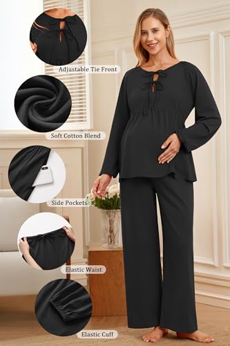 OUGES Womens Cotton Blend Maternity Pajama Sets Tie Front Loungewear Pregnancy Sleepwear Top & Long Pants with Pockets - color: Black, size: X-Large
