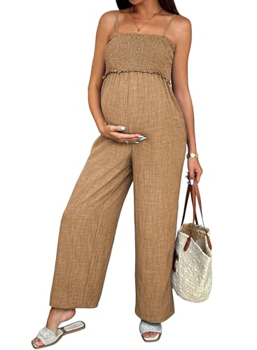 BLENCOT Women's Smocked Maternity Jumpsuit Loose Overalls - color: Khaki, size: Large