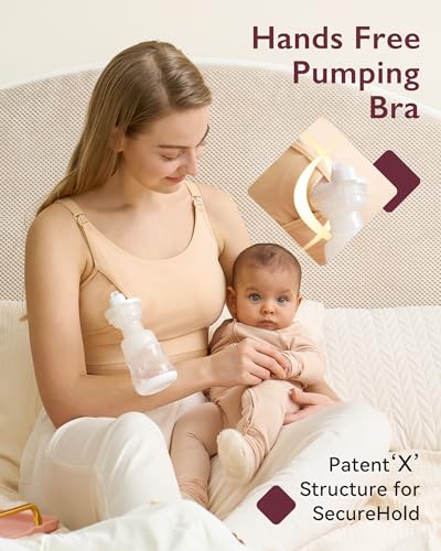 Momcozy Hands Free Pumping & Nursing Bra, Adjustable Cotton Breast Pump Bra - color: Beige, size: Large