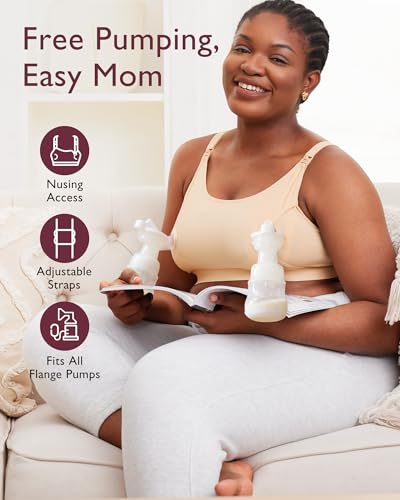 Momcozy Hands Free Pumping & Nursing Bra, Adjustable Cotton Breast Pump Bra - color: Beige, size: Large
