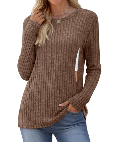 Womens Maternity Nursing Breastfeeding Ribbed Shirt - color: Brown, size: Large