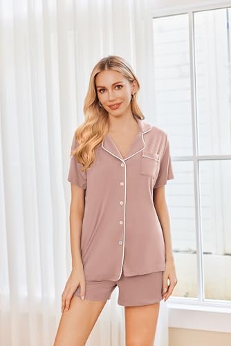 Ekouaer Womens Pajamas Set 2 Pack Button Down Summer Short Sleeve Pjs S-XXL - color: Dusty Pink/Light Gray, size: Medium