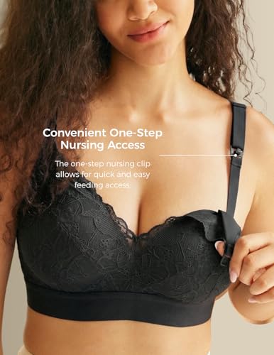 Momcozy Lace Nursing Bra for Breastfeeding, Wirefree Maternity Bra with Fixed Padding, Soft Deep V Bra - color: Black, size: X-Large