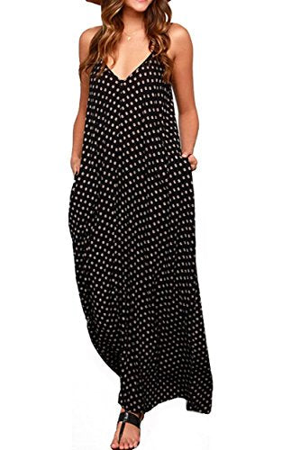 LILBETTER Women V-Neck Polka Dot Print Spaghetti Strap Boho Long Maxi Dresses - color: 01black Dot, size: Large