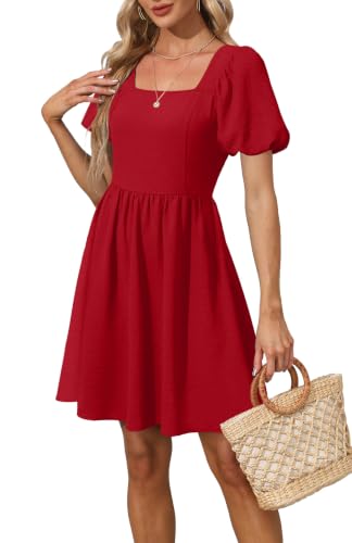 OFEEFAN Women Puff Sleeve Square Neck Tie in Back Dresses with Zipper - color: Red, size: Medium