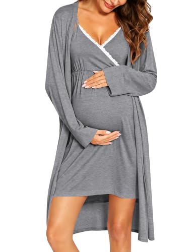 SWOMOG Womens Maternity Robe 2 Piece Nursing Nightgown for Breastfeeding 3 in 1 Labor Delivery Nursing Dress Lace Bathrobe - color: Grey, size: Medium