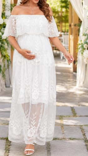 Women's Off Shoulder Maternity Dress Swiss Dot Boho Baby Shower Dress - color: White Lace, size: Medium