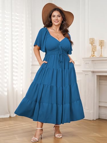 Plus Size Casual Summer Boho Maxi Long Dresses for Curvy Women - color: Lake Blue, size: 4X-Large Plus
