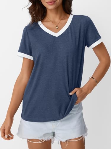 AUTOMET Womens Short Sleeve T-Shirts V Neck Summer Tops Comfy Clothes 2026 - color: Navy, size: Large