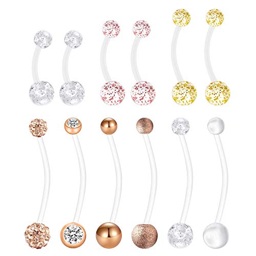 JFORYOU Pregnancy Belly Rings Maternity Navel Rings Flexible Bioplast Long Belly Button Rings Clear Navel Retainer Body Piercing for Daily Wear, Maternity Photoshoot and Beach Swimming - color: Rose Gold Color-12Pcs