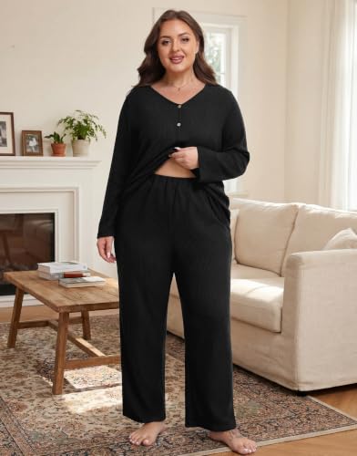 Plus Size Pajama Set for Women Long Sleeve Loose Fit Loungewear - color: Black, size: X-Large Plus