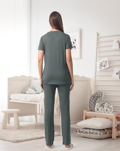 Rnxrbb 3 Piece Maternity Nursing Pajamas Set for Women Postpartum Pjs - color: Cyangray, size: Medium