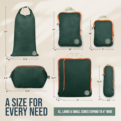 TRIPPED Travel Gear Large Compression Packing Cubes 7-Piece Set for Travel - color: Green/Orange
