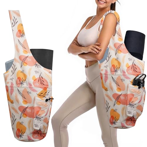 Yoga Mat Bag Carrier for Women Workout Large Waterproof with Zipper Pocket, Keychain and Wide Shoulder Straps - color: boho leaves