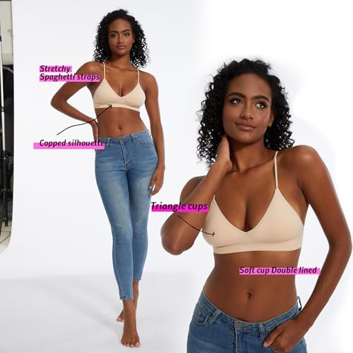 Seamless Bra for Women Low Back Bralette Wirefree Spaghetti Bra with Padded Removeable - color: Beige, size: Medium