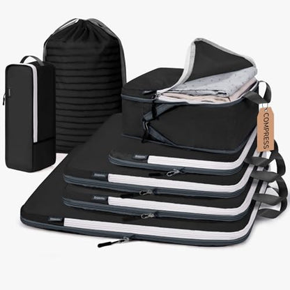 CherryNow 7 Set Compression Travel Packing Cubes for Suitcases, Black - color: Black