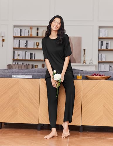 Ekouaer Women's Lounge Sets Short Sleeve Top Long Pants 2 Piece Outfit Set - color: Black&leopard, size: Medium